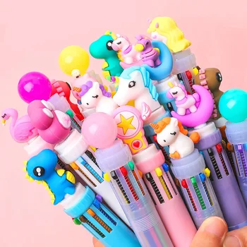10 цветов Кавайная шариковая ручка, многоцветные милые гелевые ручки, Единорог, школьная школа, Детские канцелярские принадлежности для бизнеса