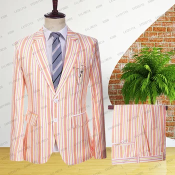 2023 Мужские льняные костюмы Летние Новые Блейзеры в розовую полоску, Удобные дышащие пальто, брюки, комплект из 2 предметов