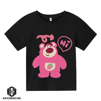 2023 Новая хлопковая детская футболка с клубничным мишкой, милый топ с короткими рукавами для мальчиков и девочек, летняя спортивная модная футболка