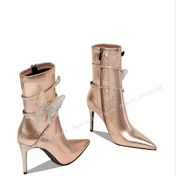 Abesire/ Ботинки с золотым декором в виде бабочки, украшенные кристаллами, женская обувь Dceor, Ботильоны на молнии сбоку, ботинки из бечевки, обувь на каблуке Zapatillas