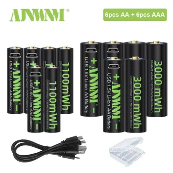 ajnwnm 1100MwH AAA Аккумуляторная Батарея 1,5 В Литиевые батарейки типа ААА + USB AA 1,5 В Аккумуляторные батареи 3000 МВтч с USB-кабелем