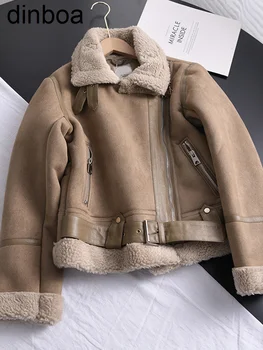Dinboa-зимние женские топы, теплая замшевая куртка из ягненка, короткие мотоциклетные коричневые пальто, куртки из искусственной овчины, верхняя одежда