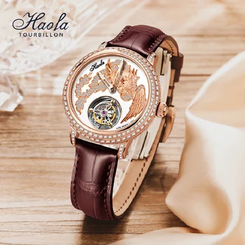 HAOFA Tourbillon Механические ручные часы для женщин, роскошные хрустальные модные летающие женские сапфировые часы с турбийоном, водонепроницаемые