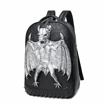 JIEROTYX 3D Кожаный рюкзак Модный Мужской рюкзак с летучей мышью, компьютерные сумки для ноутбуков, крутые дорожные сумки, школьные сумки для девочек, панк-заклепки на Хэллоуин
