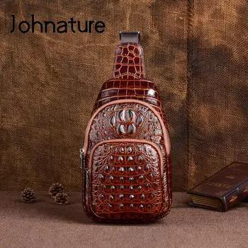 Johnature Мужская Нагрудная сумка из натуральной кожи 2022, Новая сумка с тиснением под Крокодиловую кожу, Ретро Универсальные сумки через плечо для отдыха на открытом воздухе