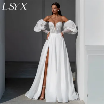 LSYX/Свадебное платье Трапециевидной формы Со съемными пышными рукавами и открытыми плечами, расшитое бисером, Шифоновое свадебное платье с открытой спиной и высоким разрезом сбоку