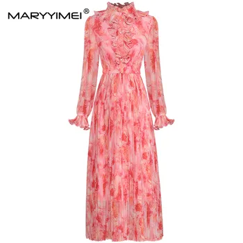 MARYYIMEI Модное дизайнерское летнее платье Женское платье с воротником-стойкой, расклешенное, с длинным рукавом, плиссированные платья с оборками и принтом