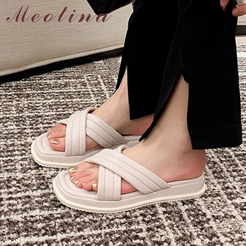 Meotina/ Женская обувь из натуральной кожи на плоской платформе, Летние модные тапочки с перекрестными ремешками, Повседневная женская обувь 2022, Абрикосово-бежевый