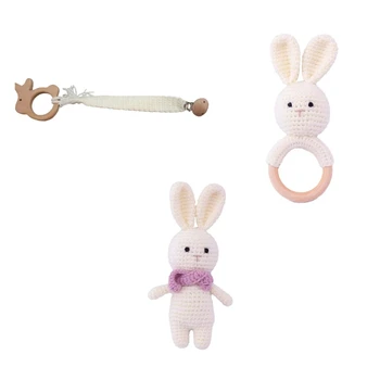 Q81A, милая игрушка-погремушка с кроликом, вязаная крючком,/Кукла-кролик/Зажим для новорожденного манекена для мальчиков и девочек, Сенсорное и раннее развитие