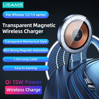 USAMS Qi 15 Вт прозрачное магнитное беспроводное зарядное устройство из алюминиевого сплава для iPhone 13 12 серии, беспроводное зарядное устройство Xiaomi Samsung Huawei
