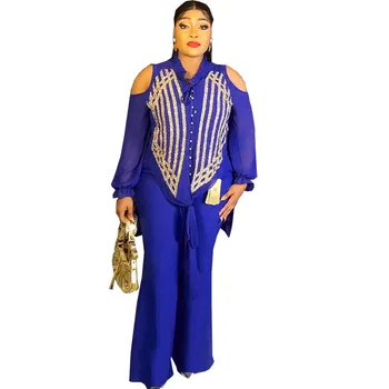 Африканская одежда для женщин, Летняя Элегантная африканская женская одежда с длинным рукавом, синий, Желтый, Красный, белый, комплекты из 2 предметов, топ, длинные брюки, подходящие комплекты