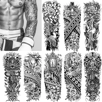 Большая татуировка на рукаве, боди-арт, череп Тигра, Корона льва, король, роза, медведь, Змея, Водонепроницаемая временная татуировка, наклейка для мужчин и женщин