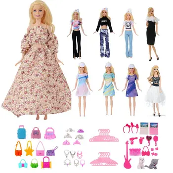 Высокое Качество Kawaii 63 шт./лот, аксессуары для кукол = 3 Модных платья + 3 Спортивных платья + 3 Топы, Брюки, обувь для куклы для Барби Своими руками