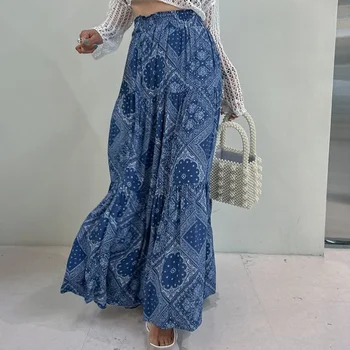 Длинные юбки в богемном стиле, женская юбка Макси с принтом в корейском стиле в стиле ретро, Национальный стиль, эластичный пояс, синяя пляжная юбка, летние каникулы
