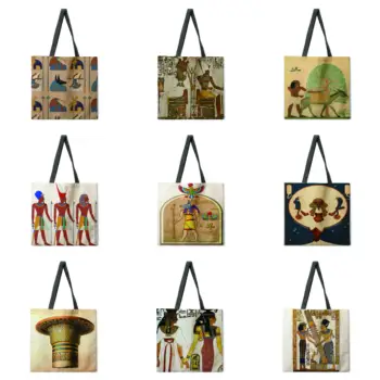 Египетская сумка-тоут с настенным принтом из льняной ткани, повседневная сумка-тоут, складная сумка для покупок, многоразовая пляжная сумка, женская сумка через плечо
