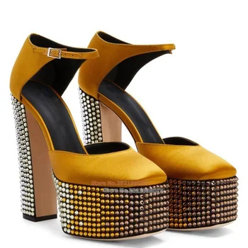 Желтые атласные, Расшитые Стразами Туфли-лодочки на толстой платформе и массивном каблуке, женские модельные туфли на высоком каблуке с пряжкой и ремешком на щиколотке