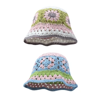 Женская вязаная шляпа-панама с цветочным рисунком, Дышащая многоцветная плетеная шляпа-панама с широкими полями для взрослых подростков, летняя рыбацкая кепка