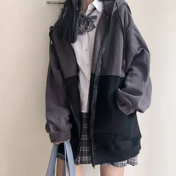 Женская куртка Deeptown японской моды Harajuku на молнии с капюшоном, негабаритная винтажная корейская уличная одежда, куртки в стиле колледжа, женские