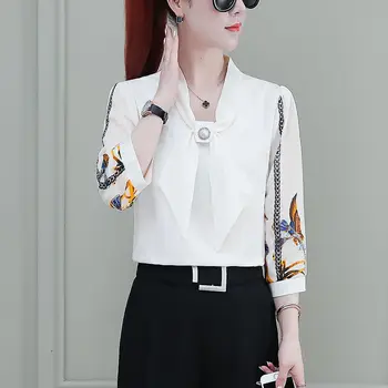 Женская Повседневная шифоновая рубашка с коротким рукавом и воротником-бабочкой с принтом, Весенне-летний стиль, Новые блузки, топы