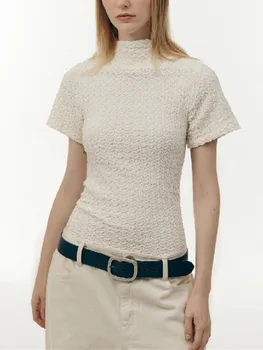 Женская стрейчевая плиссированная футболка с коротким воротом, женская однотонная универсальная модная тонкая трикотажная футболка с коротким рукавом
