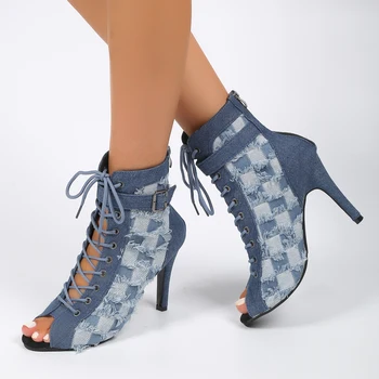 Женские джинсовые босоножки на высоком каблуке, женские туфли для латиноамериканских танцев на щиколотке, обувь для бальных танцев Сальсы для девочек, мягкая подошва, женские туфли для танцев