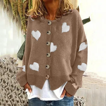 Женский вязаный свитер с вышивкой в виде сердца, кардиган с круглым вырезом и длинными рукавами, женское пальто на пуговицах, Повседневный теплый джемпер для дам на осень-зиму