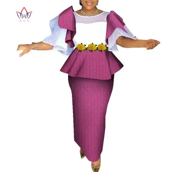 Женский топ и юбка с короткими рукавами из африканской жаккардовой ткани Bazin Riche Африканская одежда Комплект юбок из 2 предметов На заказ WY7213