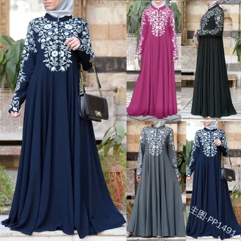 Женское платье с принтом в мусульманском этническом стиле с длинными рукавами, стоячий вырез, большие качели, Длинная юбка, 5XL