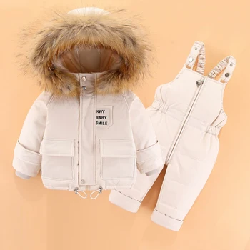 Зимний зимний комбинезон 2023 года для маленьких девочек, теплая пуховая куртка с капюшоном для маленьких мальчиков, комбинезоны для малышей 1-3 лет, комплект одежды из 2 предметов