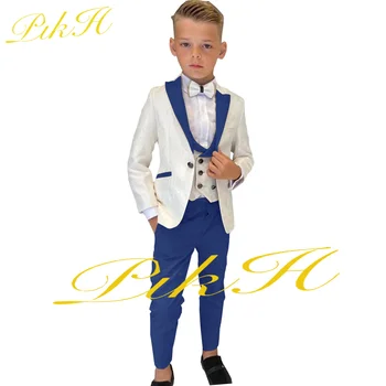 Костюм для мальчиков, Свадебный смокинг Королевского синего цвета, комплект из 3 предметов, жакет с цветочным рисунком, Брюки, жилет, Детский блейзер, приталенный костюм на заказ