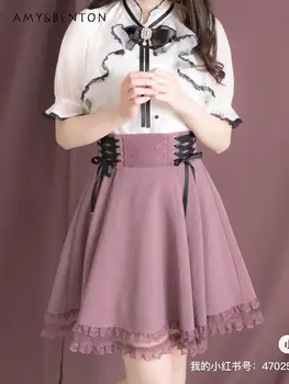 Кружевная мини-юбка для женщин в корейском стиле, Кавайная Розовая короткая юбка, Женская повязка Трапециевидной формы с высокой талией, милая юбка в стиле Лолиты