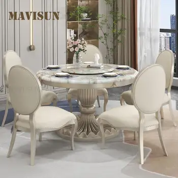 Кухонный стол и стул в американском стиле, легкая Роскошная текстура, дизайн столешницы, Круглый обеденный стол с мраморным поворотным столом