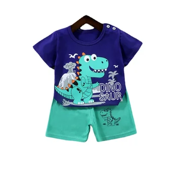 Летняя Одежда для малышей, 2 предмета, хлопковая футболка с изображением животных, Топы и шорты с коротким рукавом, костюм для мальчиков и девочек
