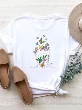 Летняя футболка с коротким рукавом, Женская одежда, трендовая базовая одежда с бабочкой и милым личиком, футболка с принтом, Модная графическая футболка