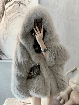 Меховое пальто 2023, Зимнее Меховое пальто, Женская Свободная Женская одежда средней длины С капюшоном