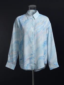 Модная женская шифоновая рубашка, Весна-осень, блузки с отложным воротником и длинным рукавом с геометрическим принтом