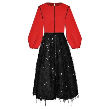 Модные дизайнерские весенне-осенние женские топы с рукавами-фонариками + юбка с кисточками и пайетками, комплект из двух предметов
