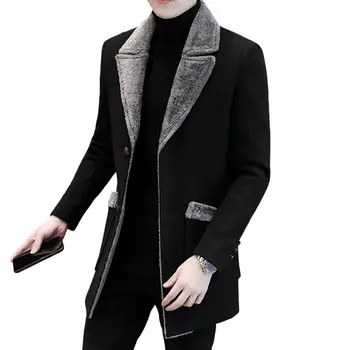 Мужская деловая куртка Средней длины, однобортный однотонный плюшевый воротник, Осенне-зимнее шерстяное пальто, Ветровка, уличная одежда