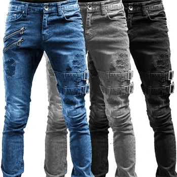 Мужские облегающие байкерские рваные длинные джинсовые брюки, обтягивающие джинсы с карманами, боковыми бретельками и молниями, Мужские брюки для бега, разрушенные эластичные брюки