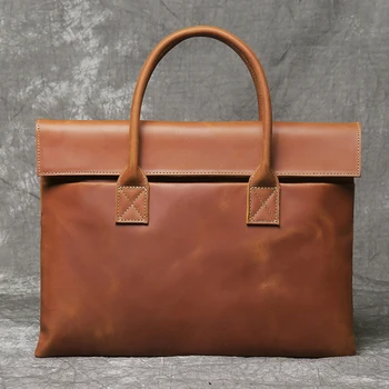 Мужской портфель в стиле ретро, кожаная повседневная сумка из воловьей кожи, деловая сумка для планшета, тонкий клатч для 15-дюймового ноутбука