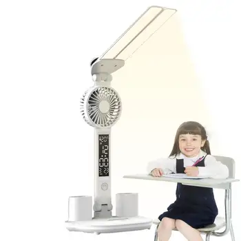 Настольная лампа с двумя поворотными рычагами, Двухголовочная светодиодная учебная лампа, Складные настольные лампы с термометром, календарем, вентилятором, держателем ручки