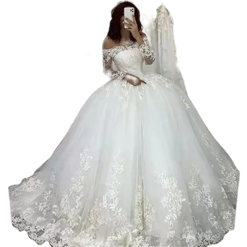 Новейшие Свадебные платья с кружевными аппликациями с открытыми плечами, Свадебное платье Со шлейфом, Большие размеры, Свадебные платья 2023