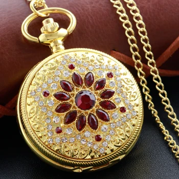 Новые золотые роскошные карманные часы с рубином, ожерелье, цифровая подвеска, цепочка, часы, модная скульптура, женский подарок для мужчин