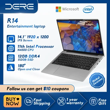 Ноутбук DERE R14 с 14-дюймовым Экраном Intel Celeron N4500 IPS 16: 10, 12 ГБ оперативной памяти, 512 ГБ SSD, Развлекательный Офисный Рабочий Ноутбук Windows 11
