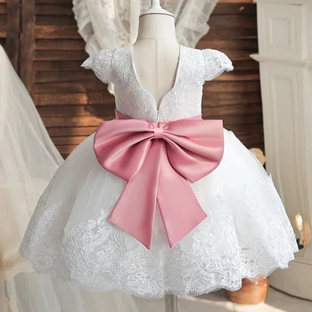 Платье на день рождения для маленьких девочек на 1 год, 12 м, Белое платье-пачка для крещения Новорожденных, Кружевной костюм Принцессы с цветочным бантом, Праздничная одежда