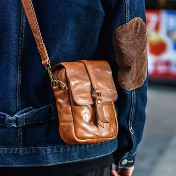 Повседневная винтажная мужская маленькая сумка для телефона из высококачественной натуральной кожи, органайзер для выходных, мини-сумка через плечо из натуральной кожи