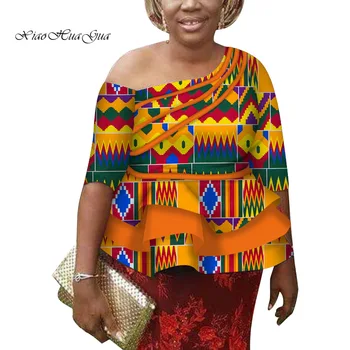 Повседневные африканские блузки для женщин, Африканский восковой принт, Скошенный воротник, рубашка с короткими рукавами, топы, Африканская одежда Анкары WY7001