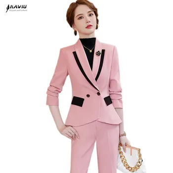 Розовые костюмы, Новый Женский Осенний Профессиональный Темперамент, Тонкий Блейзер с длинными рукавами и брюки, Офисная Женская рабочая одежда Белого цвета