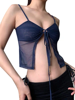Сексуальный камзол из прозрачной сетки с завязками спереди и укороченным дизайном без рукавов - идеальная летняя модная майка для уличной одежды
