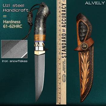 Стальной нож Uzi с прямым лезвием высокой твердости, уличный инструмент, охотничий нож для выживания, устойчивая деревянная ручка с кожаными ножнами